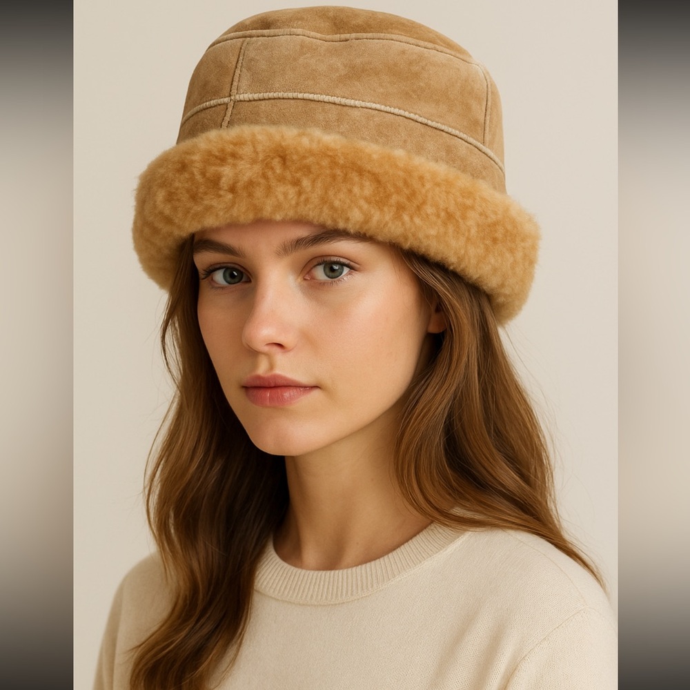 Vintage Tan Shearling sheepskin Bucket Hat Real Fur Trapper Size S/M-7.0